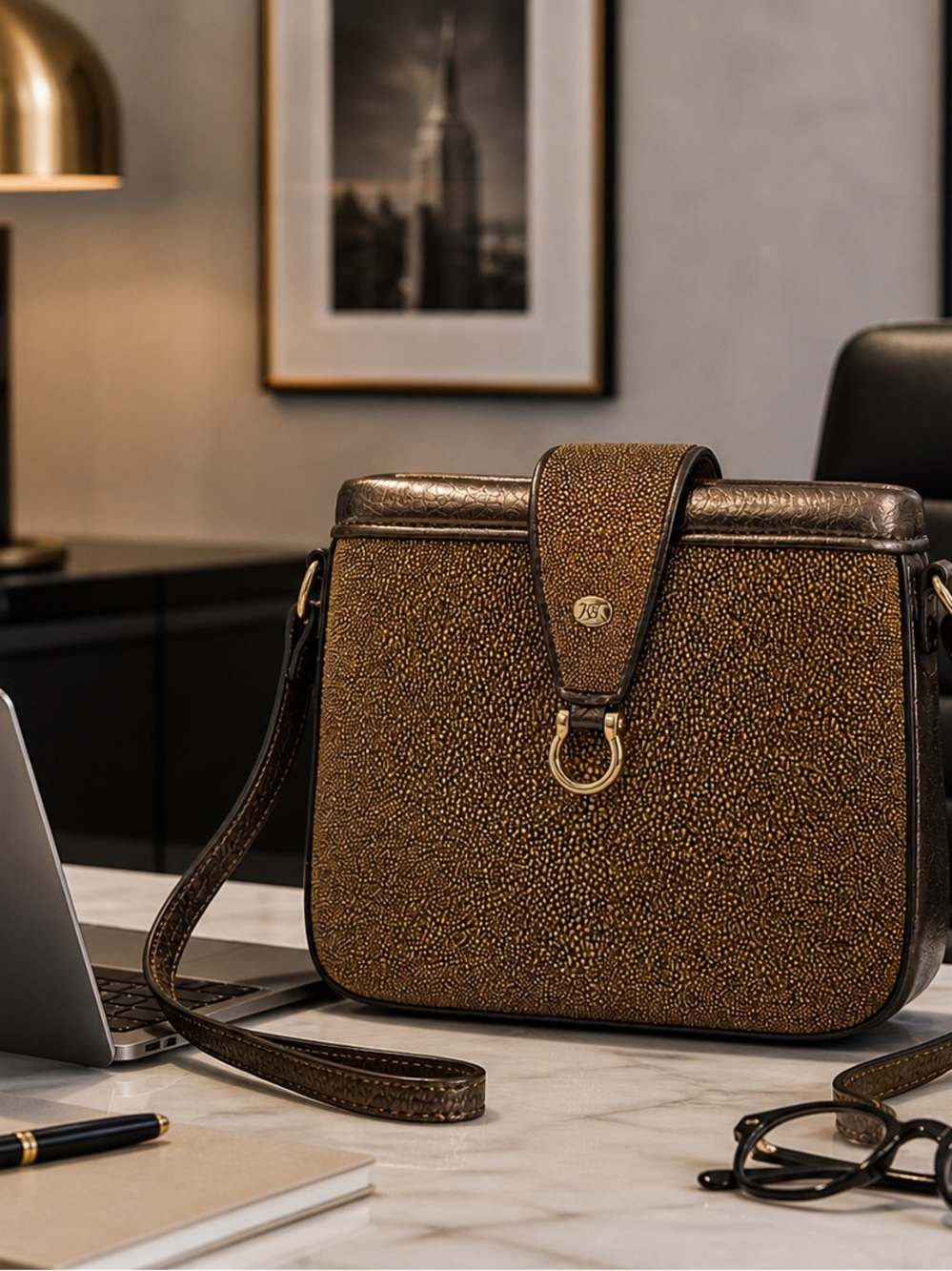 Genuine Stingray Leather Crossbody Bag Made in Italy Exotic Luxury Gold Brown - Picture 8 of 12